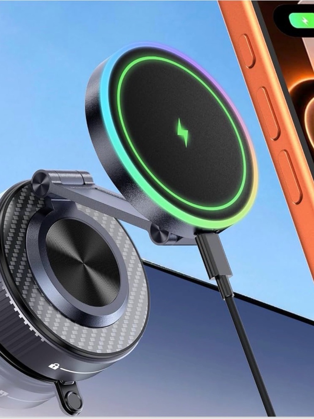 MagSafe-Style Wireless Charging Pad with RGB Ring - Black